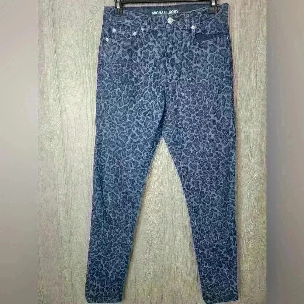 Michael Kors Womens Leopard Print Skinny Jeans Grey Blue Animal Pattern Size 6